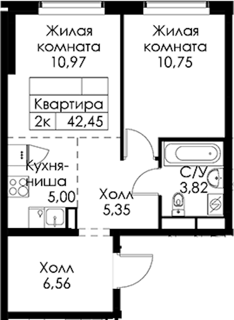 1-комнатная квартира 42.45 м², 1/15 эт., ЖК «Янинский лес»